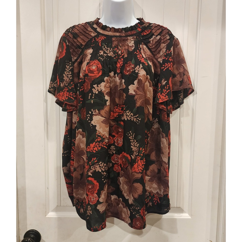 Torrid Floral Ruffle Neck Blouse Brown Red Short Sleeve Pleated Top Plus Size 1